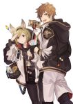  1boy 1girl a082 animal_ears bag black_gloves black_legwear black_shorts blonde_hair brown_eyes brown_hair candy cup disposable_cup djeeta_(granblue_fantasy) fake_animal_ears food gloves gran_(granblue_fantasy) granblue_fantasy headband holding holding_cup jacket jewelry lollipop necklace selfie_stick shorts smile white_background 