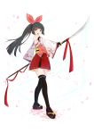  1girl :o absurdres bangs black_hair blunt_bangs bow brown_eyes detached_sleeves food_fantasy hair_bow highres naginata petals polearm red_bow red_skirt skirt solo standing sushi_(food_fantasy) thighhighs transparent_background uni_sirasu weapon wide_sleeves 