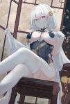  1girl azur_lane bangs blush braid breast_curtains breasts cape commentary_request crossed_legs eyebrows_visible_through_hair flower hair_between_eyes hair_flower hair_ornament highres large_breasts looking_at_viewer on_chair parted_lips petals red_eyes revealing_clothes rose ru_zhai see-through short_hair silver_hair sirius_(azur_lane) sirius_(azure_horizons)_(azur_lane) sitting solo table thighhighs underboob white_cape white_legwear wooden_chair yellow_flower yellow_rose 