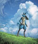  blue_sky cloud cloudy_sky creature day full_body gen_4_pokemon grass highres looking_away looking_to_the_side lucario mcgmark no_humans pokemon pokemon_(creature) red_eyes scenery signature sky solo standing 