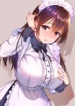  1girl apron blush breasts brown_eyes brown_hair eyebrows_visible_through_hair hand_in_hair hand_on_own_chest huge_breasts impossible_clothes long_hair looking_at_viewer maid maid_headdress nanase_meruchi nose_blush open_mouth original ribbon shadow shiny shiny_hair shiny_skin simple_background tight 