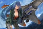  1girl aircraft airplane artist_request bangs blue_eyes blue_hair blue_sky blush breasts cleavage cloud collarbone day emori_miku emori_miku_project f-2 fighter_jet green_jumpsuit hair_ornament hairclip hand_up highres jet jumpsuit large_breasts leaning_forward long_hair looking_at_viewer military military_vehicle orange_tank_top outdoors partially_unzipped pouch sky smile solo tank_top very_long_hair wind 