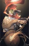  2boys achilles_(fate) armor bow_(weapon) brown_hair centaur chiron_(fate) fate/apocrypha fate_(series) fighting gauntlets green_hair highres long_hair low-tied_long_hair male_focus multiple_boys no-kan polearm scarf spear spiked_hair weapon 
