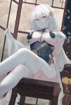  1girl azur_lane bangs blush braid breast_curtains breasts cape commentary_request crossed_legs eyebrows_visible_through_hair flower hair_between_eyes hair_flower hair_ornament highres large_breasts looking_at_viewer on_chair parted_lips petals red_eyes revealing_clothes revision rose ru_zhai see-through short_hair silver_hair sirius_(azur_lane) sirius_(azure_horizons)_(azur_lane) sitting solo table thighhighs underboob white_cape white_legwear wooden_chair yellow_flower yellow_rose 