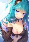  1girl aqua_hair bangs blue_eyes bra bra_strap braid breasts cleavage hair_ribbon jacket long_hair looking_at_viewer open_clothes open_jacket original ribbon smile solo underwear zizi_(zz22) 