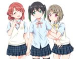  3girls arm_grab bangs black_hair black_legwear blue_skirt braid brown_hair character_request closed_eyes commentary_request crescent crescent_hair_ornament eyebrows_visible_through_hair green_eyes green_hair hair_bun hair_ornament holding_hands love_live! love_live!_school_idol_festival marugoshi_(54burger) multicolored_hair multiple_girls nakasu_kasumi pink_eyes pink_ribbon pleated_skirt red_hair ribbon shirt short_hair short_sleeves skirt thighhighs twintails two-tone_hair uehara_ayumu white_shirt yellow_ribbon 