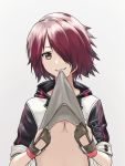  1girl arknights azslyne breasts brown_eyes clothes_pull exusiai_(arknights) fingerless_gloves gloves grey_background hair_over_one_eye jacket looking_at_viewer mouth_hold no_bra red_hair short_hair simple_background small_breasts smile solo upper_body white_jacket 