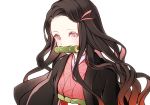  1girl aoi_sakurako bamboo bangs bit_gag black_hair brown_hair checkered commentary_request forehead gag gradient_hair hair_ribbon highres japanese_clothes kamado_nezuko kimetsu_no_yaiba kimono long_hair mouth_hold multicolored_hair obi open_clothes parted_bangs pink_kimono pink_ribbon red_eyes ribbon sash simple_background solo upper_body very_long_hair white_background 