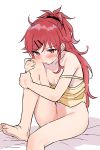  1girl barefoot blush bottomless breasts camisole chigusa_asuha hair_ornament hairclip leg_hug long_hair messy_hair naked_shirt ponytail qualidea_code red_eyes red_hair sekiya_asami shirt sketch small_breasts solo strap_slip sweatdrop 