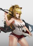  1girl 981519 absurdres animal_ears arknights blonde_hair breasts brown_eyes choker cleavage contrapposto cowboy_shot cutoffs gradient gradient_background highres jacket jacket_removed large_breasts long_hair nail_polish over_shoulder parted_lips ponytail short_shorts shorts sidelocks siege_(arknights) simple_background solo tank_top thighs weapon weapon_over_shoulder 