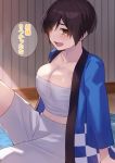  1girl bandages bangs black_hair blush breasts brown_eyes cccpo cleavage collarbone commentary_request eyebrows_visible_through_hair haori highres japanese_clothes large_breasts looking_at_viewer navel open_mouth original sarashi short_hair solo tomboy translation_request 