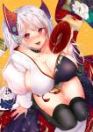  1girl alcohol azur_lane bangs black_legwear blush breasts cleavage collarbone covered_nipples cross_choker cup fur-trimmed_kimono fur_trim headgear highres iron_cross japanese_clothes kimono large_breasts long_hair long_sleeves looking_at_viewer miyasaka_ori mole mole_on_breast multicolored multicolored_clothes multicolored_hair multicolored_kimono nose_blush obijime pouring_onto_self prinz_eugen_(azur_lane) prinz_eugen_(dance_of_a_hundred_flowers)_(azur_lane) red_eyes red_hair red_nails sakazuki sake sideboob signature silver_hair smile solo streaked_hair swept_bangs thigh_gap thighhighs thighs tongue tongue_out two_side_up wakamezake wide_sleeves 