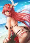  1girl ass bare_shoulders beach bikini black_bikini blue_eyes feathers godguard_brodia granblue_fantasy hair_feathers hair_intakes horizon long_hair looking_back red_hair scrunchie sky solo sowel_(sk3) swimsuit water 