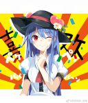  1girl ;) ascot bangs black_headwear blue_hair blush breasts center_frills commentary_request eyebrows_visible_through_hair finger_to_cheek flower food fruit hair_between_eyes hand_up hat hat_flower hinanawi_tenshi index_finger_raised leaf long_hair looking_at_viewer medium_breasts one_eye_closed peach puffy_short_sleeves puffy_sleeves red_eyes red_neckwear shirt short_sleeves sidelocks smile solo sunburst sunburst_background tetsurou_(fe+) touhou translation_request white_flower white_shirt 