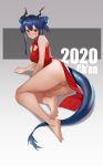  1girl 2020 3: 981519 absurdres arknights ass bare_legs barefoot blue_hair blush breasts bright_pupils cameltoe ch&#039;en_(arknights) character_name china_dress chinese_clothes closed_mouth double_bun dragon_horns dragon_tail dress feet full_body highres horns looking_at_viewer lying medium_breasts on_side panties red_dress red_eyes sidelocks simple_background soles solo tail underwear v-shaped_eyebrows white_panties white_pupils 