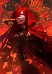  1girl absurdres bangs bodysuit burning cape chicken_mura commentary_request eyebrows_visible_through_hair eyelashes family_crest fate/grand_order fate_(series) fire from_below hair_over_one_eye half-closed_eyes hands_on_hilt high_collar highres long_hair looking_at_viewer looking_down nose o-ring oda_nobunaga_(fate)_(all) oda_nobunaga_(maou_avenger)_(fate) oda_uri parted_bangs parted_lips planted_weapon popped_collar red_cape red_eyes red_hair solo sparks teeth very_long_hair weapon 