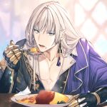  1boy asymmetrical_clothes bangs blonde_hair blue_eyes cassius_(granblue_fantasy) collarbone earrings eyebrows_visible_through_hair food food_on_face gloves granblue_fantasy highres jewelry ketchup male_focus matsuki_tou omurice pectorals plate rice rice_on_face solo spoon tassel_earrings 