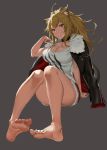  1girl animal_ears arknights arm_support ass banned_artist bare_arms barefoot black_coat blonde_hair breasts brown_eyes choker cleavage cutoffs feet full_body fur_trim grey_background hand_up highres ikomochi jacket_on_shoulders large_breasts lion_ears long_hair looking_at_viewer parted_lips ponytail red_shorts shirt short_shorts shorts siege_(arknights) simple_background sitting sleeveless sleeveless_shirt solo thighs white_shirt 