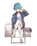  1boy adjusting_eyewear alternate_costume blue_eyes blue_hair box casual chair crossed_legs eyelashes fate/extra fate/extra_ccc fate_(series) full_body glasses hans_christian_andersen_(fate) highres jacket male_focus no-kan pantyhose poster_(object) shorts sitting smile solo white_background white_legwear 
