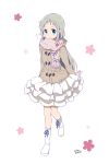  1girl ano_hi_mita_hana_no_namae_wo_bokutachi_wa_mada_shiranai. blue_eyes blue_flower blue_ribbon blush boots breath brown_jacket closed_mouth commentary_request floral_background flower fringe_trim full_body grey_hair highres honma_meiko jacket layered_skirt long_hair long_sleeves pink_flower pink_scarf pleated_skirt ragho_no_erika red_flower ribbon scarf simple_background skirt smile solo standing translation_request very_long_hair white_background white_footwear white_skirt 