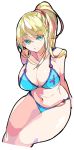  1girl arms_behind_back bangs bare_arms bare_legs bare_shoulders blonde_hair breasts cleavage collarbone cropped_legs enpe eyebrows_visible_through_hair high_ponytail highres large_breasts long_hair looking_at_viewer metroid navel open_mouth ponytail samus_aran simple_background sitting smile solo stomach swept_bangs swimsuit white_background 