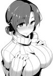  1girl blush boudica_(fate/grand_order) breasts fate/grand_order fate_(series) fingernails fue_(rhomphair) greyscale hands_on_own_chest highres large_breasts monochrome ribbed_sweater smile sweater white_background 