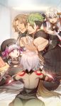  2boys 3girls alice_(fate/extra) ass bare_shoulders black_panties blurry bow brown_hair chiron_(fate) depth_of_field fate/apocrypha fate/grand_order fate_(series) green_hair grey_hair hat headpiece highres jack_the_ripper_(fate/apocrypha) jeanne_d&#039;arc_(fate)_(all) jeanne_d&#039;arc_alter_santa_lily long_hair multiple_boys multiple_girls no-kan outstretched_hand panties purple_eyes short_hair silver_hair tattoo undercut underwear white_hair yellow_eyes 
