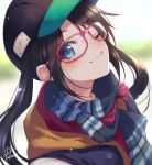  1girl ;) baseball_cap black_headwear blue_eyes blue_scarf blurry blurry_background blush closed_mouth commentary_request eyebrows_visible_through_hair from_side fukai_ryousuke glasses hat hood hood_down idolmaster idolmaster_shiny_colors looking_at_viewer looking_to_the_side mitsumine_yuika one_eye_closed pink-framed_eyewear scarf signature smile solo striped striped_scarf twintails upper_body 