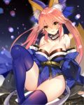  1girl animal_ears arm_support bare_shoulders blue_legwear blurry bokeh bow breasts catsizuru cleavage covered_navel depth_of_field detached_collar detached_sleeves fate/extra fate_(series) fox_ears hair_between_eyes hair_bow japanese_clothes kimono large_breasts long_hair looking_at_viewer obi pink_hair sash sitting smile solo tamamo_(fate)_(all) tamamo_no_mae_(fate) tassel thighhighs twintails yellow_eyes 