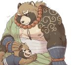  2020 anthro belly brown_body brown_fur canid canine cddi_h clothing cub duo fur gyobu gyobu&#039;s_underlings humanoid_hands leaf male mammal moobs nipples overweight overweight_male raccoon_dog robe scar simple_background tanuki tattoo tokyo_afterschool_summoners video_games young 