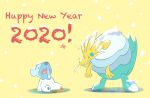 2020 arctozolt closed_eyes commentary_request creature cubchoo full_body gen_5_pokemon gen_8_pokemon golden_boden happy_new_year new_year no_humans pokemon pokemon_(creature) polka_dot polka_dot_background sitting sneezing standing trait_connection yellow_background 