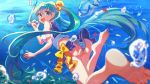  1girl :d air_bubble ass barefoot blue_hair blue_nails bow bubble day foreshortening goggles goggles_removed hatsune_miku long_hair looking_back ocean open_mouth outdoors panties smile snorkel solo striped striped_panties swimming swimsuit twintails twitter_username underwater underwear uni_sirasu vocaloid yellow_bow 
