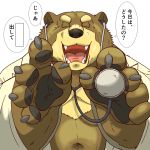  1:1 2018 5_fingers anthro black_claws black_nose brown_body brown_fur claws clothing coat dialogue doctor eyebrows fingers fur japanese_text lab_coat male mammal medical_instrument open_mouth pawpads raichoclub scientific_instrument simple_background solo speech_bubble stethoscope talking_to_viewer text thick_eyebrows topwear ursid white_background 
