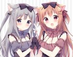  2girls animal_ears blush bow breasts brown_hair cleavage gloves gray_eyes gray_hair haduki long_hair original pink_eyes ribbons twintails 