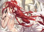  1girl ahoge alastor_(shakugan_no_shana) back backless_dress backless_outfit bangs bare_shoulders bird brown_eyes dove dress floating_hair flower hair_between_eyes hair_flower hair_ornament hand_on_own_arm highres holding holding_sword holding_weapon jewelry katana ks long_hair looking_at_viewer parted_lips pendant red_eyes red_hair reverse_grip ribbon shakugan_no_shana shana sidelocks solo sword very_long_hair weapon wedding_dress white_dress white_flower white_ribbon wind 