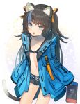  1girl animal_ear_fluff animal_ears belt bikini_top black_bikini_top black_hair black_shorts blue_eyes blue_jacket blue_nails candy cat_ears cat_girl cat_tail collarbone cowboy_shot fang flat_chest food hair_ribbon holding hood hood_down hooded_jacket jacket lollipop long_hair long_sleeves looking_at_viewer mouth_hold multicolored_hair nail_polish navel nintendo_switch open_clothes open_jacket original ribbon rk_(rktorinegi) short_shorts shorts sleeves_past_fingers sleeves_past_wrists solo standing stomach streaked_hair tail thighs two-tone_hair very_long_hair yellow_ribbon 