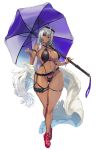  1girl ass_visible_through_thighs beach_umbrella bikini breasts closed_mouth curvy dark_skin eyewear_on_head full_body highleg highleg_bikini highres large_breasts long_hair looking_at_viewer navel navel_piercing o-ring o-ring_bikini ookuma_(nitroplus) original piercing red_eyes silver_hair skindentation smile solo standing sweat swimsuit tattoo thigh_gap umbrella very_long_hair 