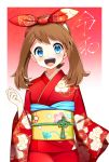  1girl :d bangs blue_eyes bow brown_hair floral_print gradient gradient_background hair_bow haruka_(pokemon) highres japanese_clothes kimono long_hair looking_at_viewer obi open_mouth pokemon pokemon_(game) pokemon_rse print_bow print_kimono red_background red_bow red_kimono sash shiny shiny_hair smile solo standing twintails upper_body white_background yuihiko yukata 