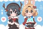  2girls adapted_costume animal_costume animal_ears antlers black_gloves black_hair black_mittens blonde_hair blue_eyes blush bow bowtie brown_capelet brown_coat brown_headwear capelet coat commentary ear_ribbon extra_ears eyebrows_visible_through_hair fur_trim gloves hair_bow heart kaban_(kemono_friends) kemono_friends lucky_beast_(kemono_friends) mittens multicolored_hair multiple_girls ransusan red_bow red_capelet red_coat red_neckwear reindeer_antlers reindeer_costume santa_costume serval_(kemono_friends) serval_ears serval_girl short_hair spoken_heart spoken_paw winter_clothes yellow_eyes 