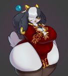  2020 anthro big_breasts bovid boxgoat breasts caprine clothed clothing curvy_figure female fur goat green_eyes hair hair_over_eye hi_res horn huge_hips looking_at_viewer mammal one_eye_obstructed simple_background slightly_chubby solo thick_thighs voluptuous white_body white_fur white_hair 
