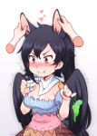  1girl animal_ear_fluff animal_ears artist_name bandana black_hair black_wings blue_shirt blush breasts carrot cleavage closed_mouth disembodied_limb eating english_commentary feathered_wings food food_on_face gradient gradient_background grey_background hands heart highres holding holding_food horse_ears kurokoma_saki long_hair medium_breasts no_hat no_headwear nose_blush puffy_short_sleeves puffy_sleeves red_eyes sami_(pirateyoukai) shirt short_sleeves solo_focus sweat touhou upper_body white_background wings 