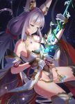  1girl animal_ears armpits bangs blurry bokeh breasts catalyst_scimitar covered_navel depth_of_field gloves highleg highleg_leotard highres holding holding_sword holding_weapon leotard long_hair low_twintails night niyah niyah_(blade) silver_hair small_breasts solo sword thighhighs twintails very_long_hair weapon white_gloves xenoblade_(series) xenoblade_2 yaye yellow_eyes 