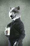  3d_(artwork) beverage black_nose canid canine canis claws clothed clothing coffee cosmiclife digital_media_(artwork) female fluffy fur grey_body grey_fur helga_(cosmiclife) hi_res looking_at_viewer mammal open_mouth paws pinup portrait pose realistic semi-anthro smile solo standing sweater teeth topwear wolf yellow_sclera 