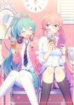  2girls after_school_(module) alternate_hairstyle aqua_hair aqua_nails aqua_skirt black_legwear blue_eyes blue_nails breasts cellphone chair clock facing_another feet_out_of_frame food food_on_face hachune_miku hatsune_miku headphones headphones_around_neck heart holding holding_cellphone holding_food holding_phone jacket kneehighs lamp light_blush long_hair looking_at_another medium_breasts megurine_luka multiple_girls nail_polish necktie open_mouth phone pink_hair pink_jacket pleated_skirt ponytail project_diva_(series) purple_skirt ribbon_girl_(module) school_uniform shirt sinaooo sitting skirt smile striped striped_neckwear takoluka thighhighs twintails very_long_hair vocaloid white_legwear white_shirt window 