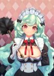  :3 absurdres alternate_costume at-4_pani black_dress blush breasts cleavage curly_hair dress enmaided ett01024 gloves highres large_breasts last_origin light_green_hair long_hair long_sleeves maid maid_headdress puffy_long_sleeves puffy_sleeves red_eyes ribbon smile white_gloves 