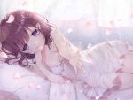  bed blush breasts brown_hair cleavage dress original pajamas petals purple_eyes short_hair sourenkio 