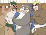  2020 anthro ashigara belly blush bodily_fluids brown_body brown_fur butt canid canine canis cute_fangs domestic_dog eyes_closed fur group hi_res hon55728 humanoid_hands kemono male mammal moobs moritaka nipples overweight overweight_male scar sumo sweat tokyo_afterschool_summoners ursid video_games yasuyori 