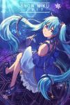  1girl 2017 bangs blue_dress blue_footwear blue_gloves blue_hair character_name closed_mouth dress eyebrows_visible_through_hair fingerless_gloves floating_hair from_above full_body gloves hair_between_eyes hair_ornament hairclip hatsune_miku holding long_hair long_sleeves looking_at_viewer nanase_(7749222) purple_eyes shiny shiny_hair smile snowflakes solo star star_hair_ornament twintails very_long_hair vocaloid wide_sleeves yuki_miku yuki_miku_(2017) 
