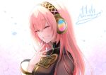  1girl anniversary black_shirt blue_nails closed_eyes commentary eighth_note gold_trim grin hand_on_own_chin hand_up headphones long_hair mamo_(fortune-mm) megurine_luka musical_note nail_polish parted_lips pink_hair rainbow shirt signature smile solo upper_body vocaloid 