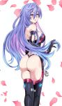  1girl ass bare_shoulders boots breasts elbow_gloves eyebrows_visible_through_hair from_behind gloves hair_between_eyes huge_breasts iris_heart kami_jigen_game_neptune_v leotard long_hair looking_at_viewer looking_back maroonabyss neptune_(series) power_symbol purple_hair red_eyes symbol-shaped_pupils thick_thighs thigh_boots thighhighs thighs 